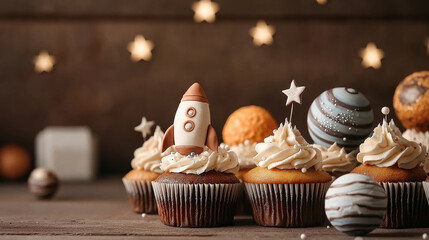 Delicious space themed cupcakes with rocket and planet decorations, Happy Birthday Anniversary Theme.