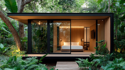 modern cabin retreat surrounded by lush greenery and tropical plants