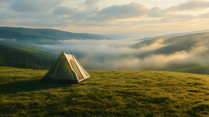Camping scene in a foggy mountain valley at sunrise offering peace and tranquility