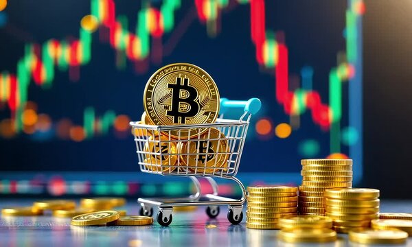 Gold Bitcoin in Shopping Cart Against Stock Market Chart