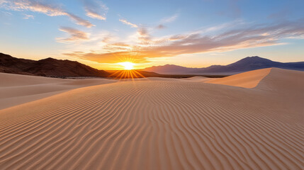 stunning sunset over Atacama Desert, showcasing vast sand dunes and mountains