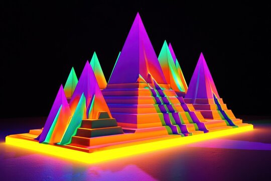 Neon orange, violet, and green ziggurats aligned asymmetrically radiate soft glows against a pitch-black backdrop.