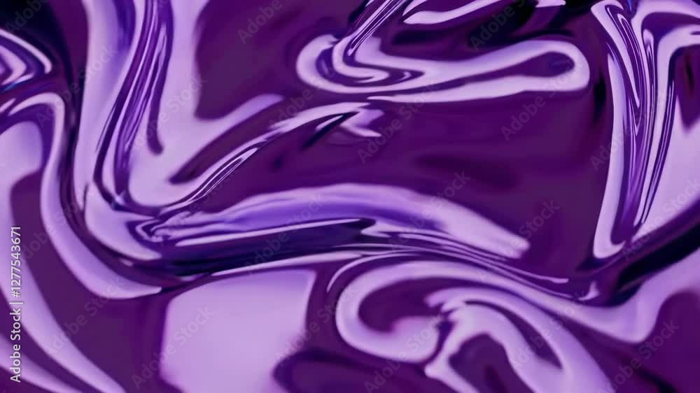 Poster Abstract purple liquid metallic texture with reflective surface, dynamic movement and flowing shapes. Modern art and design concept