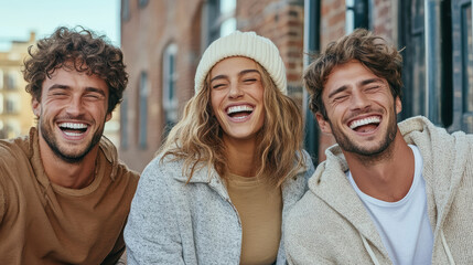 Obraz premium Happy friends laughing together outdoors, showcasing diverse styles and expressions