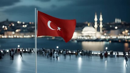 Turkish flag waving near mosque at night in Istanbul. Crowd walking by Bosphorus. Ramadan celebration, Republic Day and Victory Day background