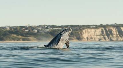 Fototapeta premium Majestic Whale Breaching in Calm Ocean Waters with Scenic Cliffs