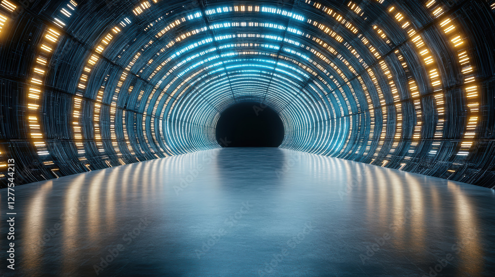 Poster futuristic tunnel with glowing lights and reflective surface, creating surreal atmosphere