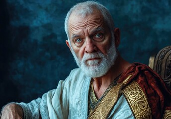 A middle-aged Greek philosopher with white hair and beard, wearing an ancient toga, sits on the throne at full height against a blue background.