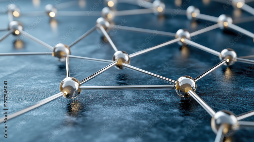 Poster futuristic molecular structure with interconnected nodes and metallic spheres