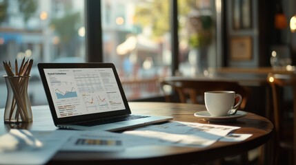 Housing costs comparison in a modern caf茅 with a laptop, coffee, and documents. Featuring budgeting and home buying