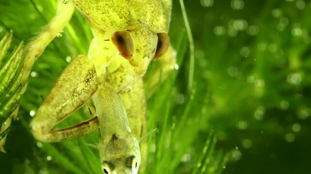 Juvenile Giant Water Bug (Lethocerus americanus) underwater, series 003, captured minnow still struggling as the injected paralytic enzymes takes affect, macro close-up. 