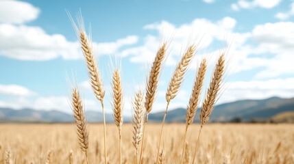 Fototapeta premium Golden wheat swaying gently in warm summer breeze under blue sky