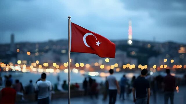 Turkish flag waving in evening Istanbul. National symbol against city lights and crowd. Republic day, Ramadan bayram, Victory day celebration background
