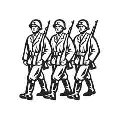 Cartoon soldiers marching in formation, each carrying a rifle in a disciplined, uniform style