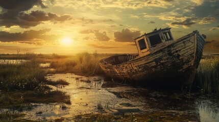 Abandoned weathered boat at sunset in marsh.