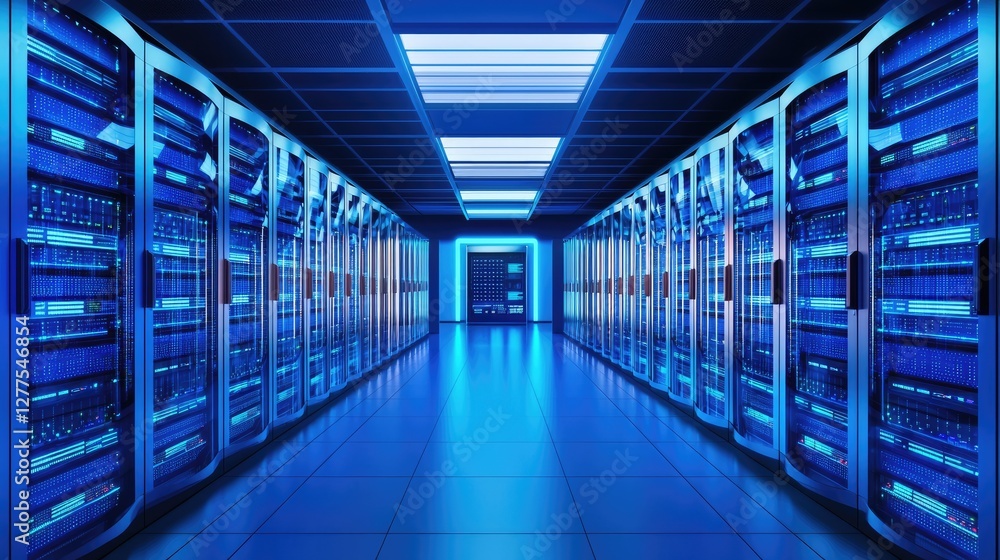 Aufkleber modern server room with glowing blue racks, symbolizing cloud computing, cybersecurity, and data sto