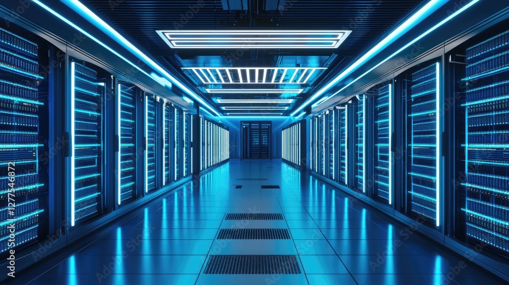 Poster Futuristic server room with glowing blue lights and high-tech racks, symbolizing cloud computing, cybersecurity, and data storage. Ideal for technology and IT infrastructure
