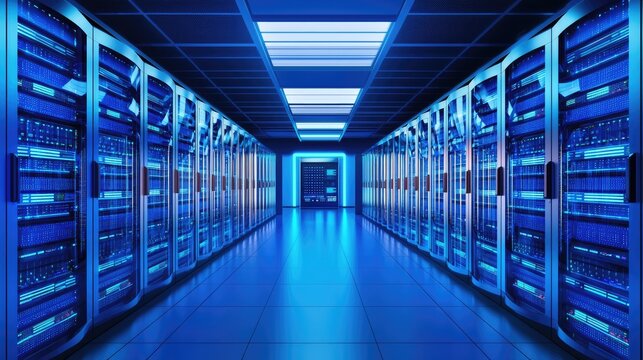 Modern server room with glowing blue racks, symbolizing cloud computing, cybersecurity, and data storage. Ideal for IT, network security, and digital infrastructure