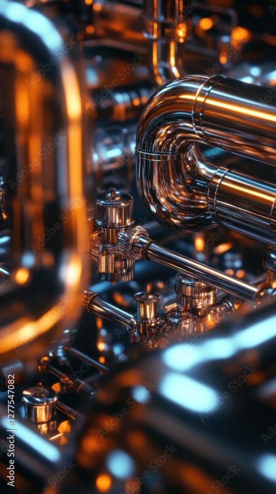 Poster close-up of intricate metallic pipes reflecting warm light in a complex setup