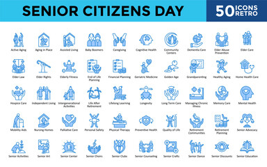 Senior Citizens Day icons set with active aging, aging in place, assisted living, baby boomers, caregiving, cognitive health, community centers, dementia care icon. Simple retro vector 
