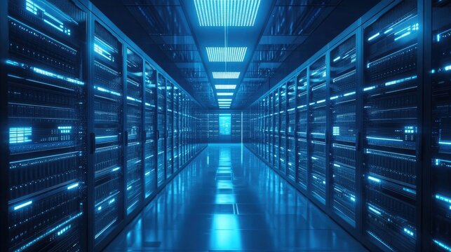 Modern server room with glowing blue data racks and a reflective floor, symbolizing cloud computing, cybersecurity, and data storage. Ideal for IT, networking, and technology visuals