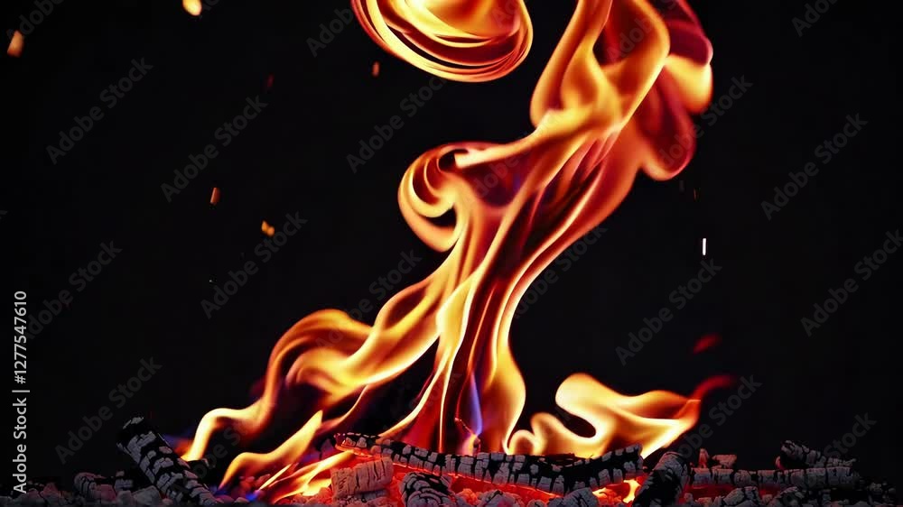 Poster vivid flames rising from glowing embers against a dark background, creating a dynamic and intense vi