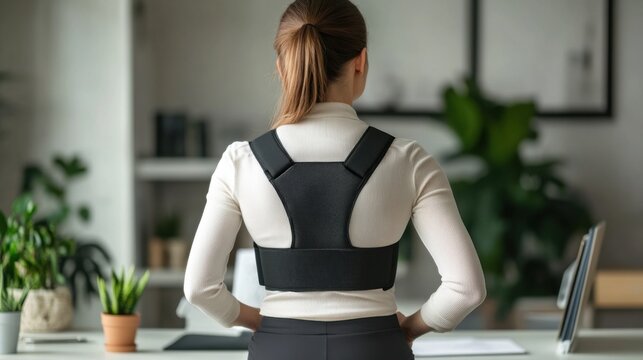 Chronic back pain relief using a back brace in a clean, minimalist office. Featuring support and stability