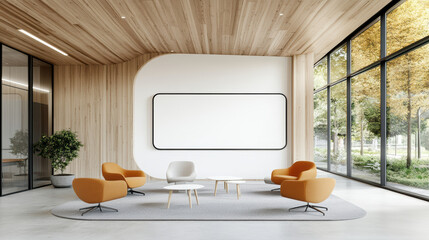 modern learning space featuring comfortable seating and large display area