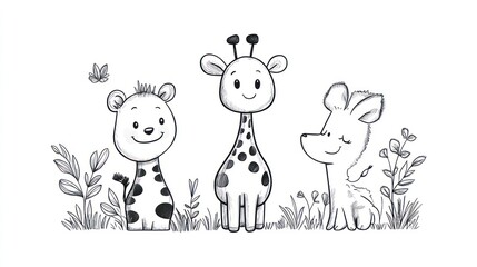 Cute cartoon animals, giraffes and a cub, in a simple, black and white drawing, with plants and a butterfly.