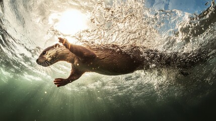 Obraz premium Playful Otter Swimming Underwater with Sunlight Reflections