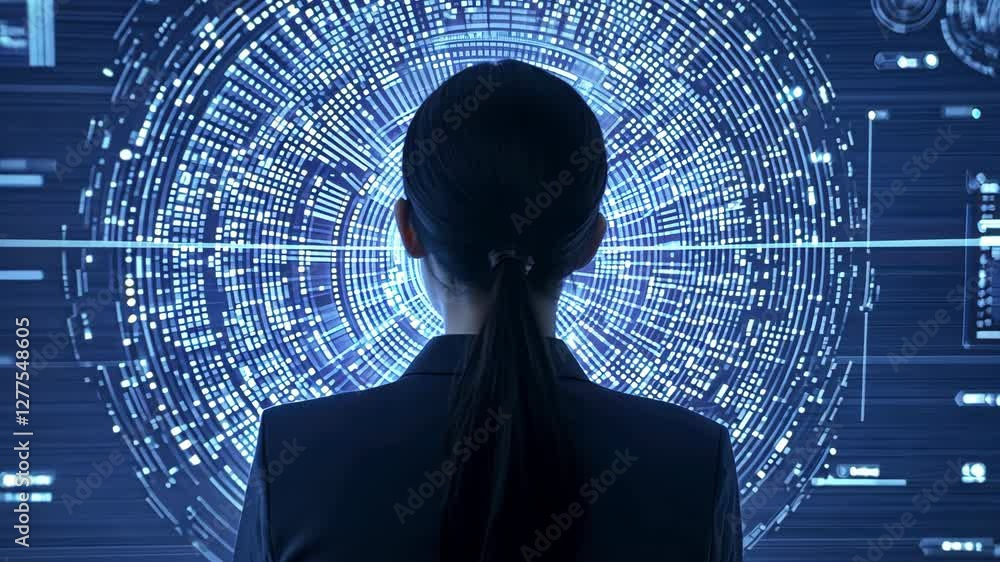 Poster woman analyzing complex data on futuristic digital interface technology, information, and pattern an