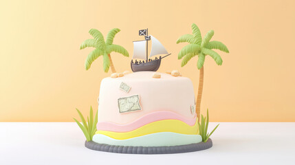 Obraz premium Adventure themed birthday cake with ship and palm trees, perfect for celebrations, Happy Birthday Anniversary Theme.