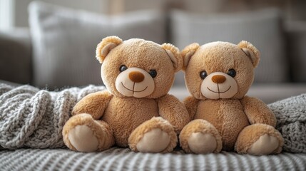 Obraz premium Two adorable teddy bears sitting side by side on a cozy sofa surrounded by soft blankets