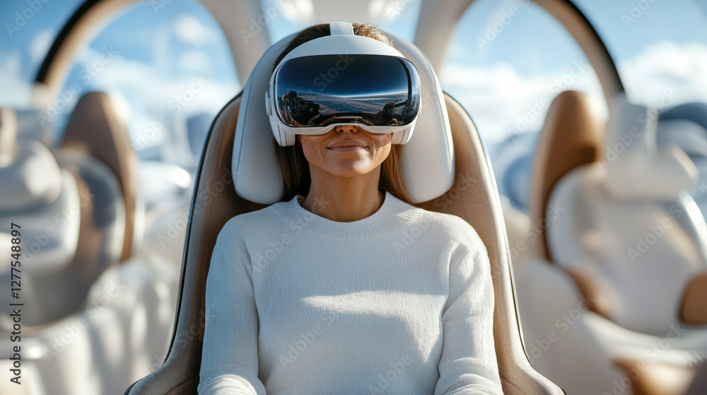 Poster passenger enjoying virtual reality experience in futuristic setting