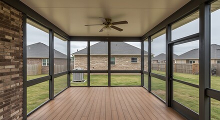 Modern screened porch enclosure with plastic windows and composite floor with summer wood	