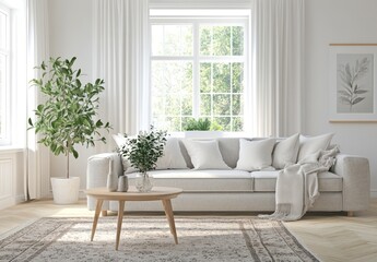 Bright, airy living room with beige sofa, wooden coffee table, and large window.