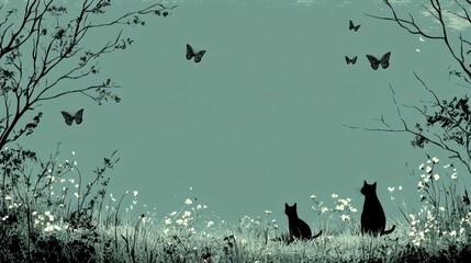 Two silhouetted cats observing butterflies in a serene meadow filled with wildflowers
