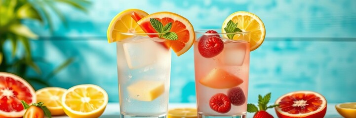 Refreshing summer drinks in clear glasses with colorful fruit slices and vibrant mint leaves, vibrant, fruit, slices