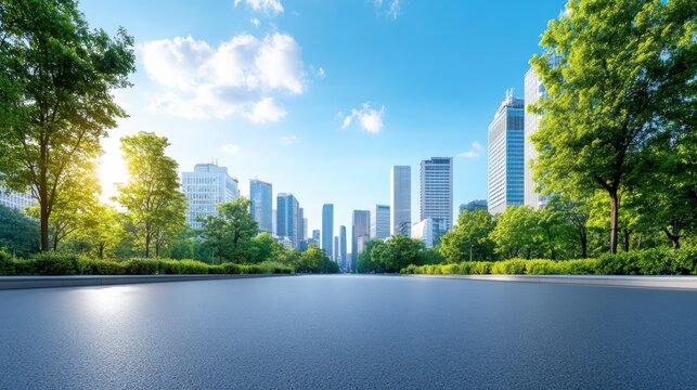 Urban landscape featuring a clear road lined with trees and skyscrapers under a bright sky