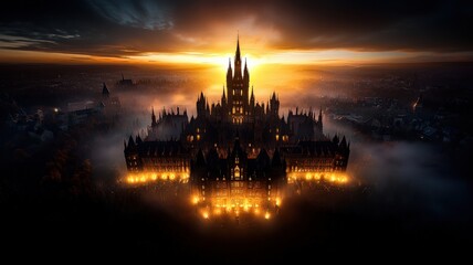 Obraz premium A breathtaking sunrise over a vast kingdom, misty valleys, warm golden light illuminating medieval castles, high fantasy, epic cinematic shot, ultra-realistic