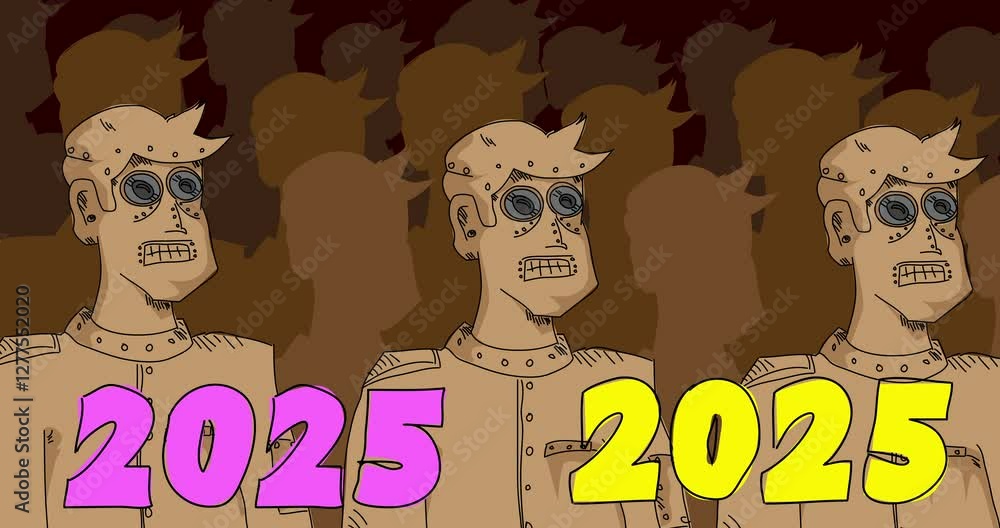 Poster robot with number 2025. cartoon animated video. future robotics animation.
