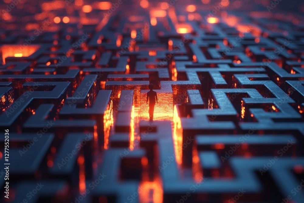 Poster a person navigating a glowing maze with intricate patterns at dusk