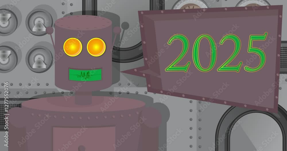 Poster robot with number 2025. cartoon animated video. future robotics animation.