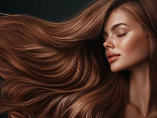 Fototapeta premium Beautiful woman with long brown hair flowing in waves, eyes closed