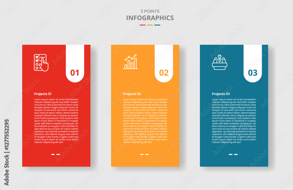 Poster 3 points template comparison concept for infographic with vertical box with round badge on top with 