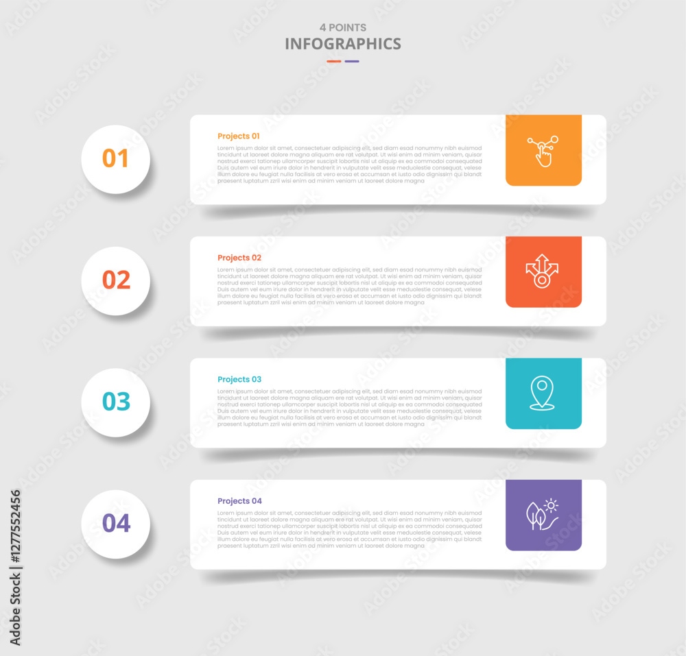 Poster 4 points template comparison concept for infographic with round rectange with circle badge on left w