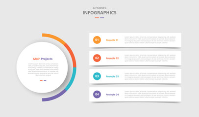 4 points template comparison concept for infographic with main circle and long rectangle box stacked layer with drop shadow style with two point list information