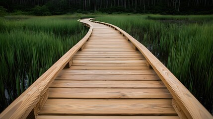 Fototapeta premium Serene Wooden Pathway Through Lush Green Wetland Landscape