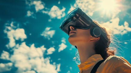 Person utilizing virtual reality outdoors.