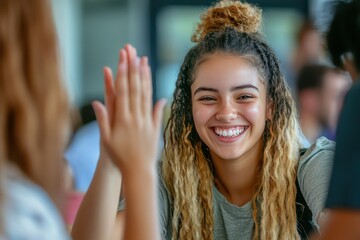 Fototapeta premium A close-up of two smiling female students giving a high-five, celebrating their success in class.